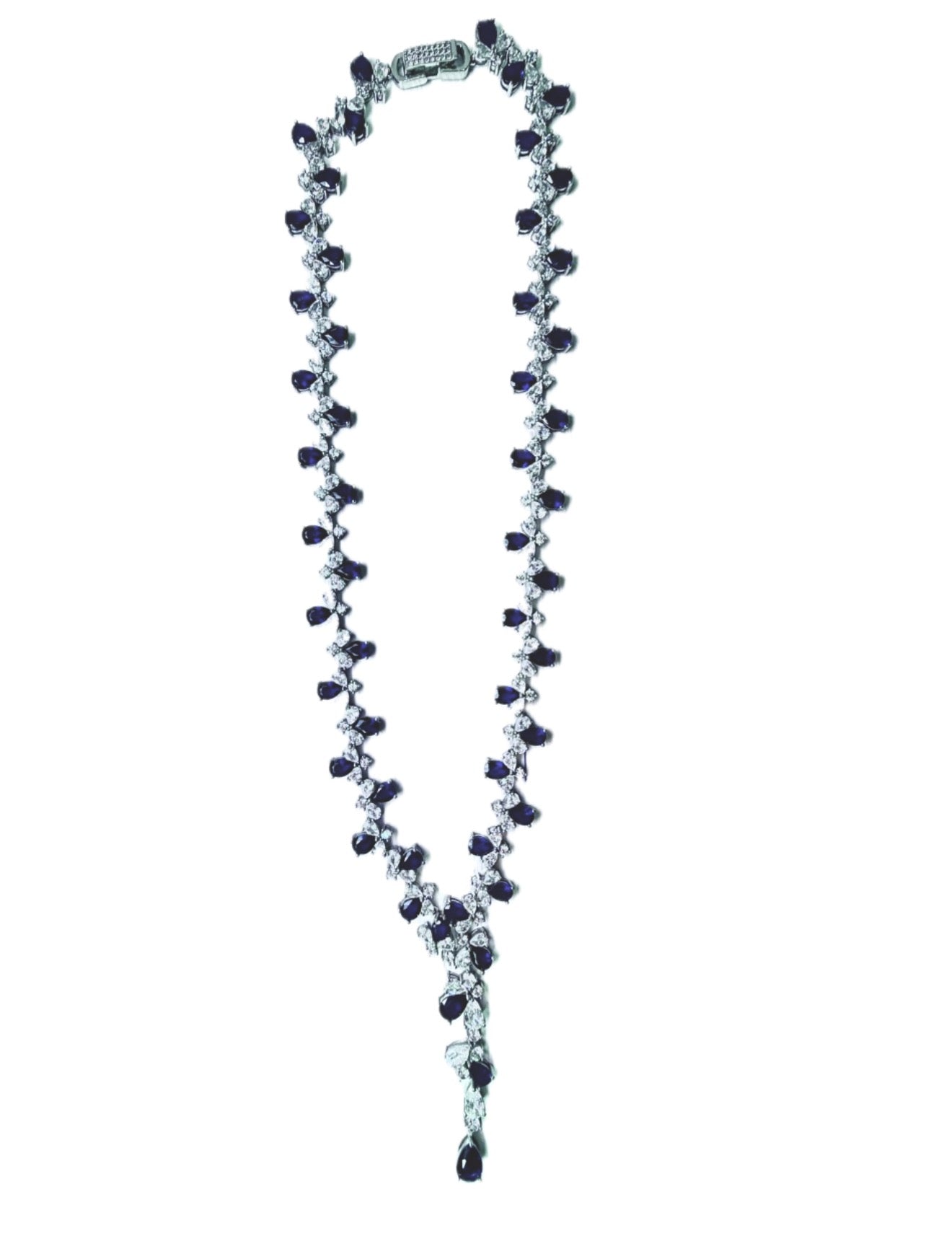 Sterling Silver Radiant Necklace With Pear Shape Sapphire And Round Cubic Zirconia Stones