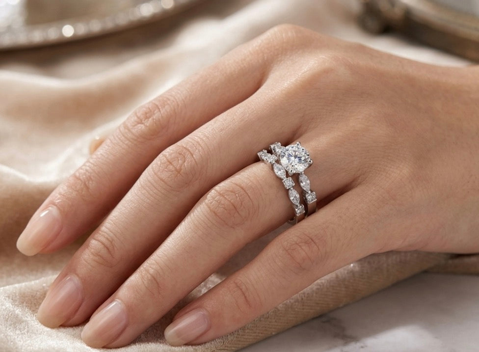 Sterling Silver Brilliant-Cut Wedding Ring Set