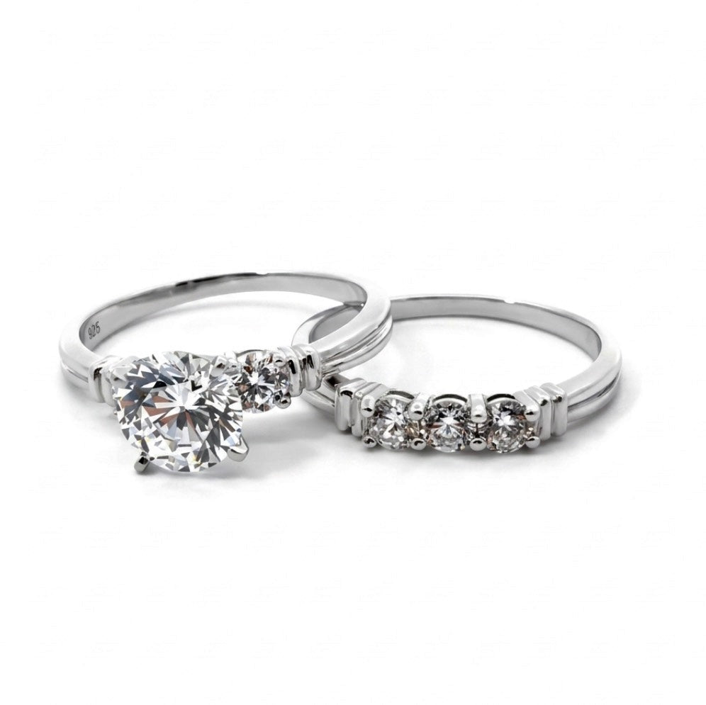 Sterling Silver 3-Stone Wedding Ring Set