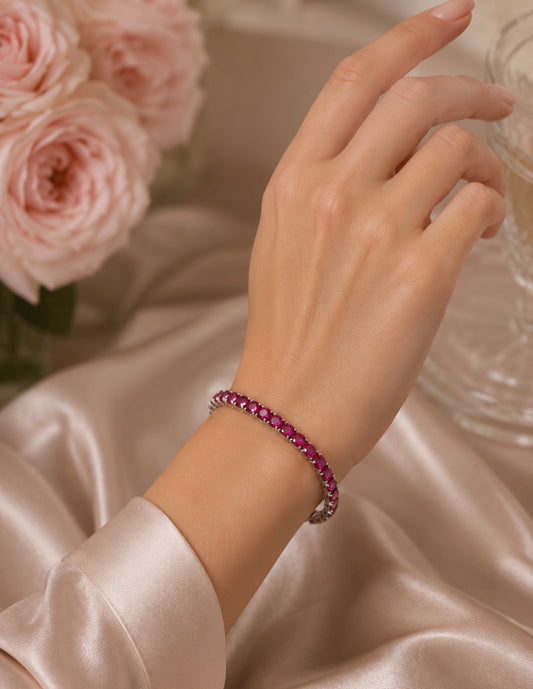Sterling Silver Classic Tennis Bracelet with Round Ruby Cubic Zirconia Stones
