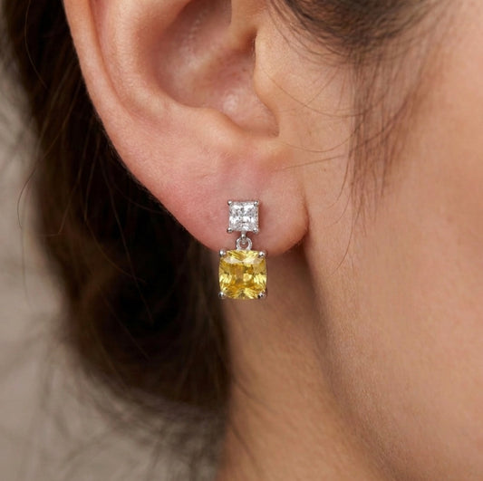 Sterling Silver Princess-cut Yellow Topaz Drop Earrings