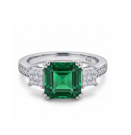 Sterling Silver Princesses-cut 3 Stone Emerald Ring