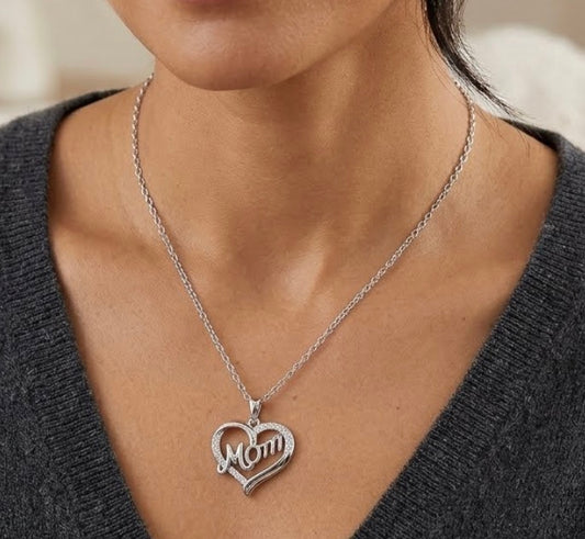 Sterling Silver Cubic Zirconia Open Heart "Mom" Necklace