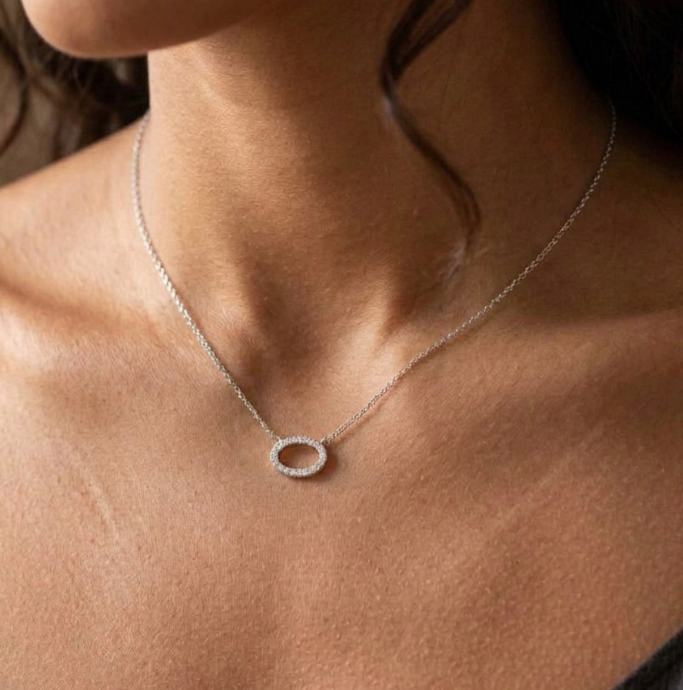 Sterling Silver Pave Open Oval Necklace