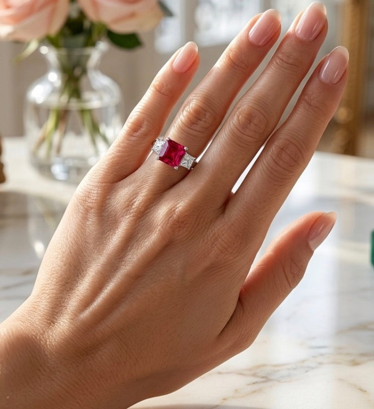 Sterling Silver 3-Stone Princess cut Ruby Cubic Zirconia Ring
