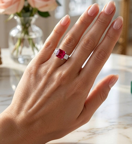 Sterling Silver 3-Stone Princess cut Ruby Cubic Zirconia Ring