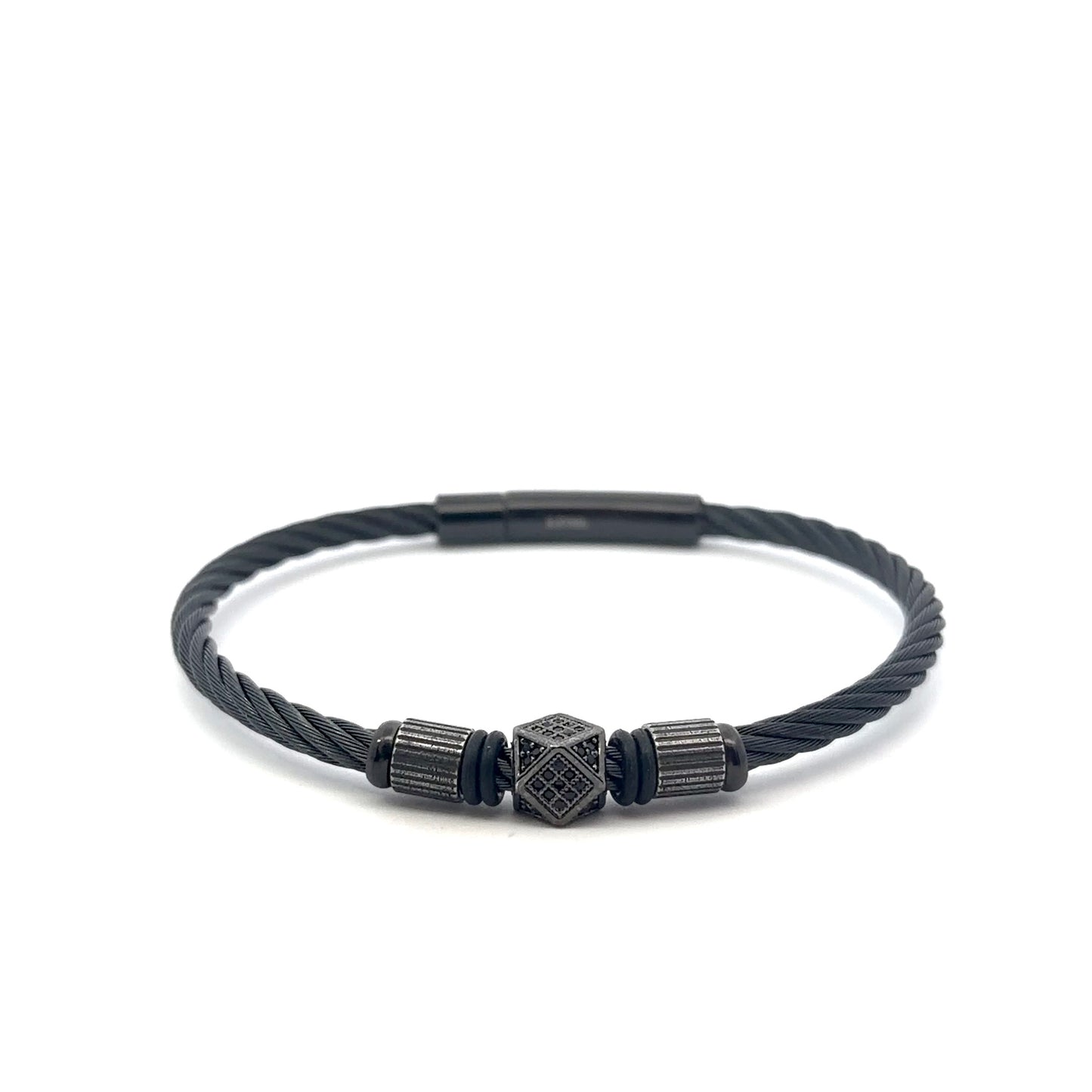 Stainless Steel Black Cable Bracelet with Cubic Zirconia Bead