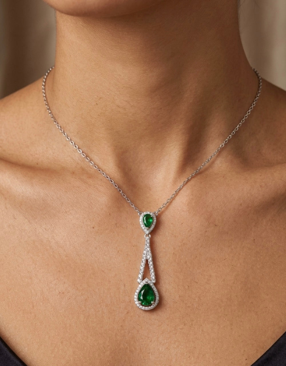 Sterling Silver Double Teardrop-cut Emerald Necklace