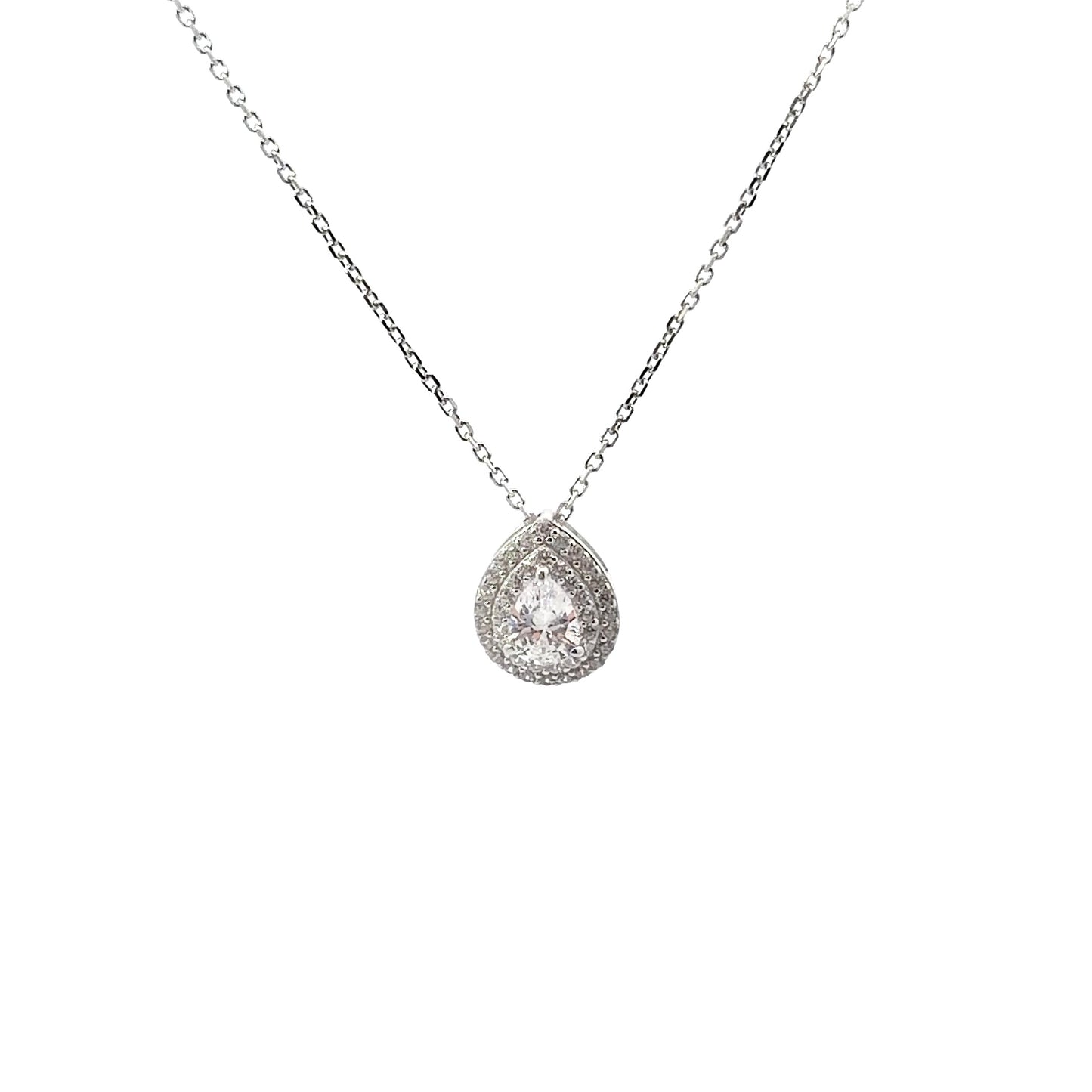 Sterling Silver Double Halo Pear Cut Pendant Necklace