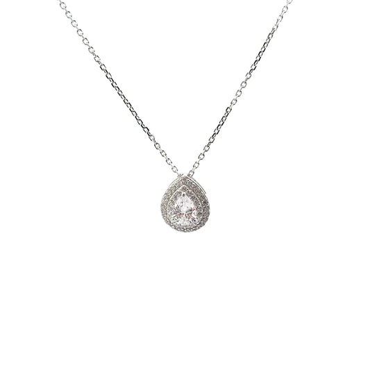 Sterling Silver Double Halo Pear Cut Pendant Necklace