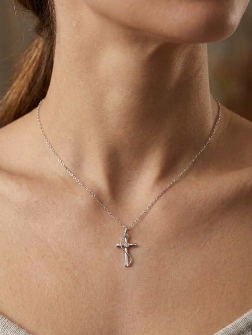 Sterling Silver Cubic Zirconia Ribbon Cross Necklace