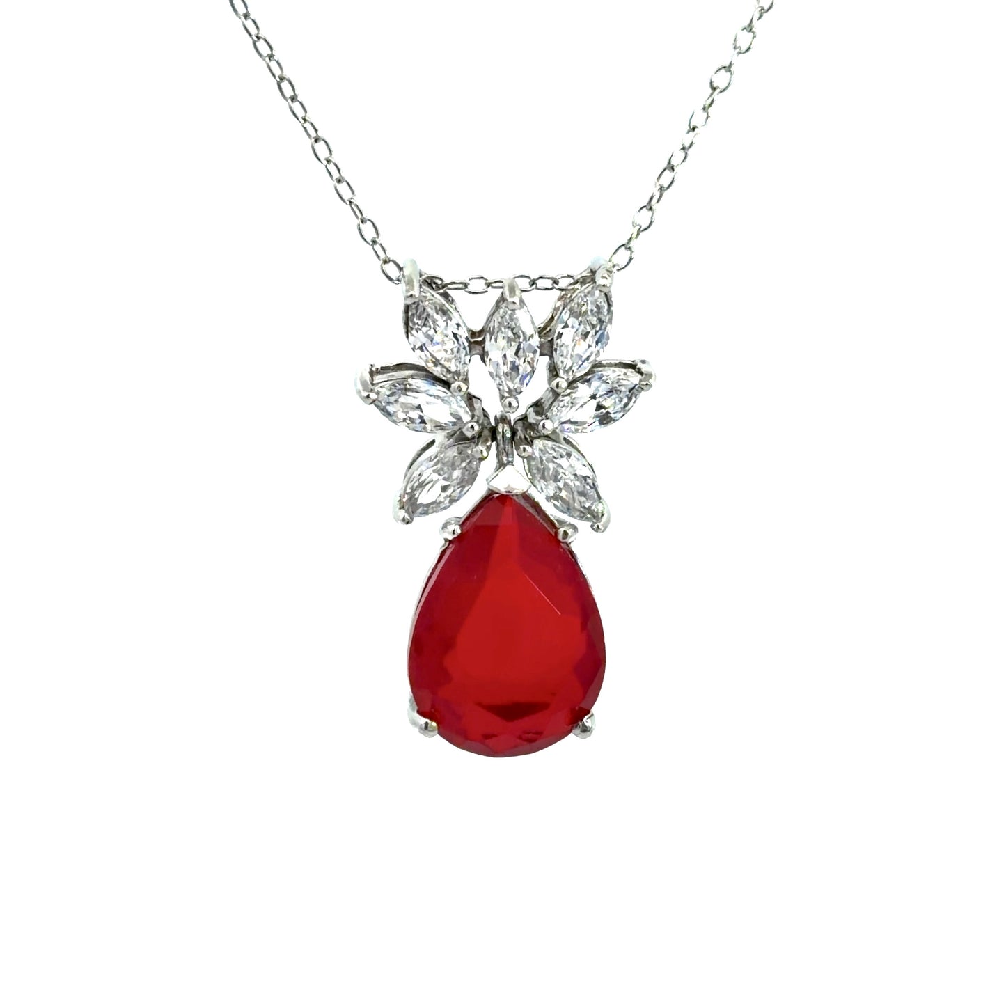 Sterling Silver Cubic Zirconia Pear Shape Floral Ruby Inspired Necklace