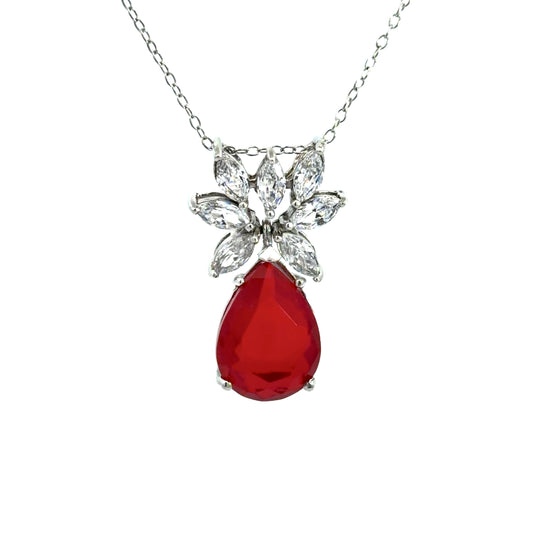 Sterling Silver Cubic Zirconia Pear Shape Floral Ruby Inspired Necklace
