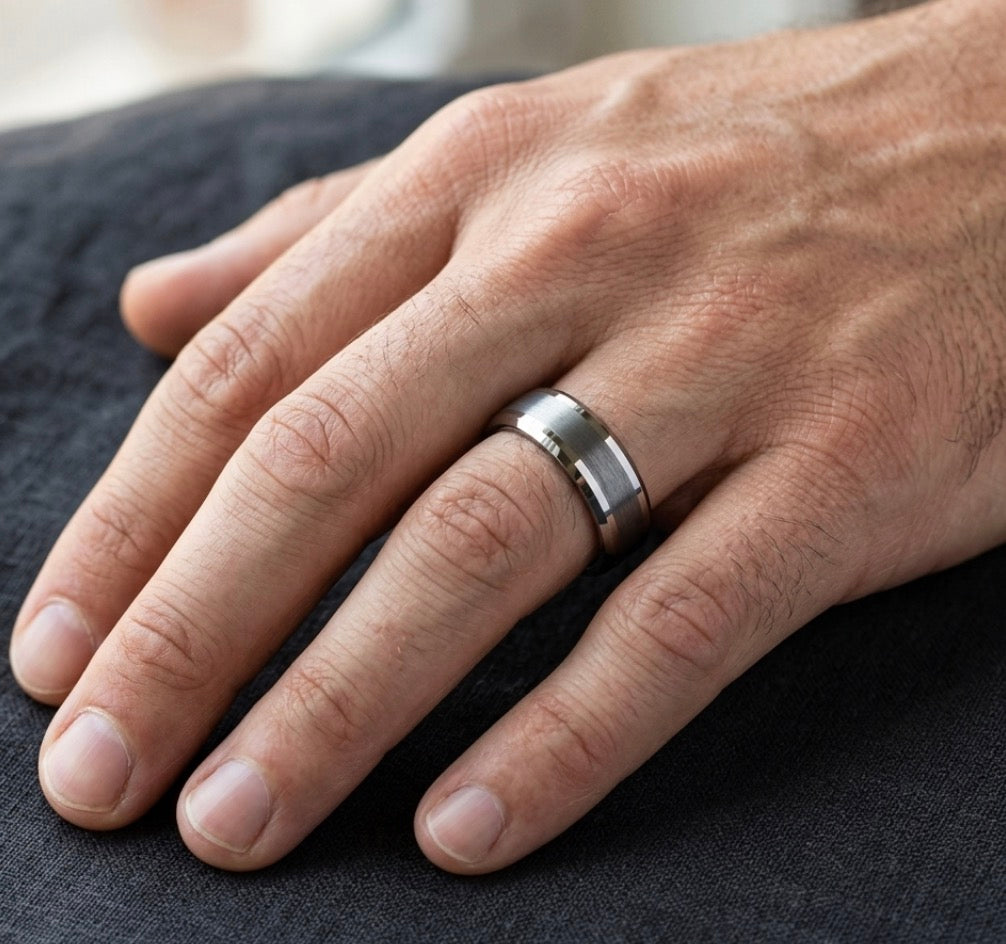 The Vanguard: Silver Brushed 6MM Tungsten Band with Beveled Edges