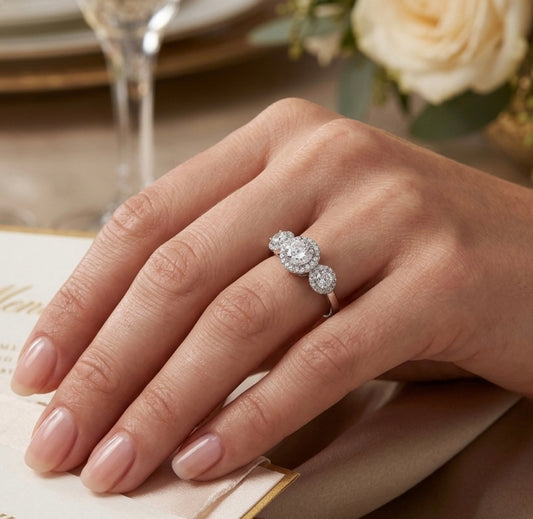 Sterling Silver 3- Stone Halo Ring