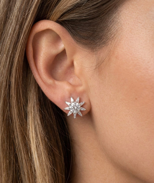 Sterling Silver Cubic Zirconia Starbust Stud Earrings