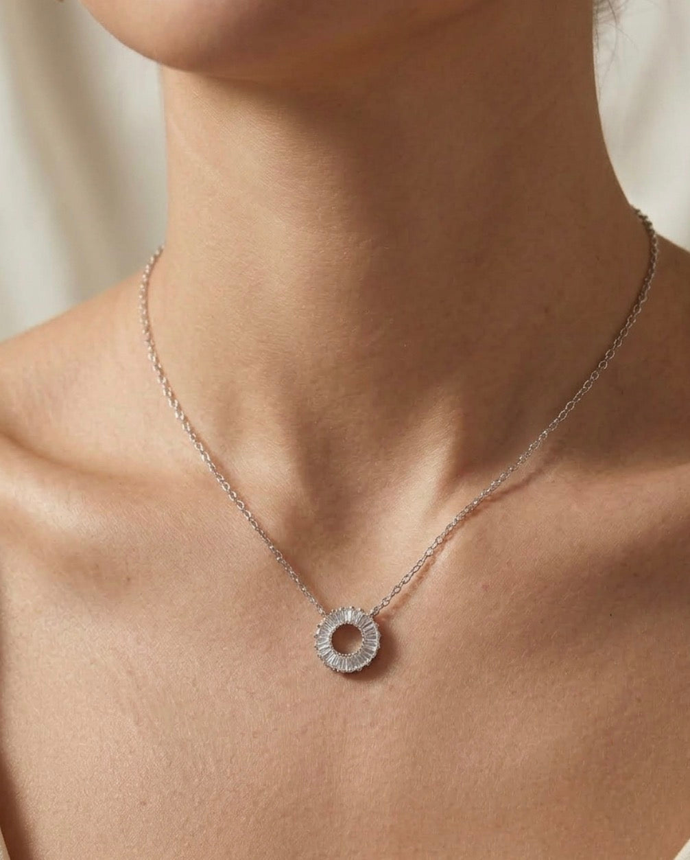 Sterling Silver Baguette Cut Circle Pendant Necklace