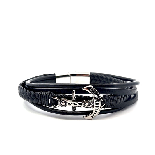 Stainless Steel Leather Bracelet with Anchor