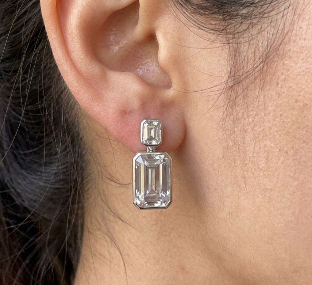 Emerald Cut Bezel Set Drop Earrings