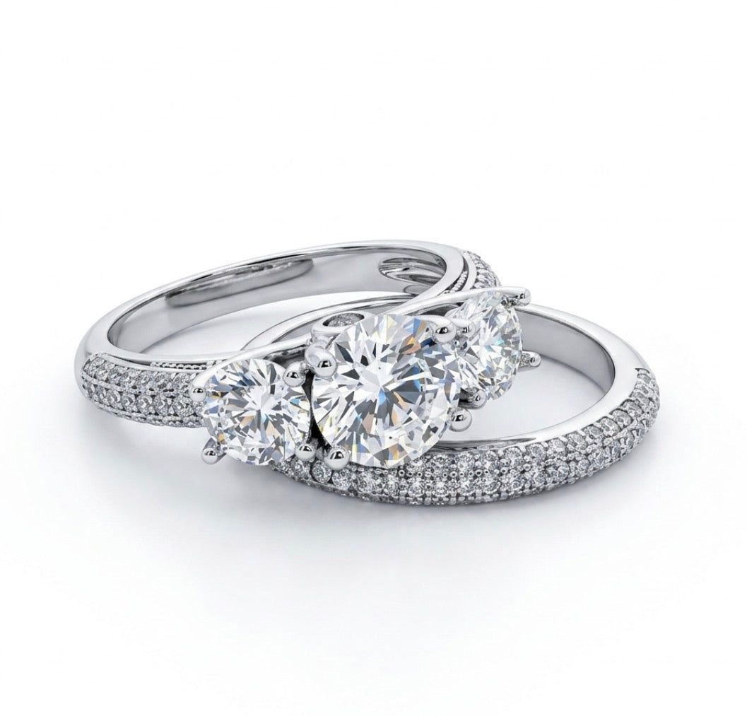Sterling Silver 3-Stone Wedding  Ring Set