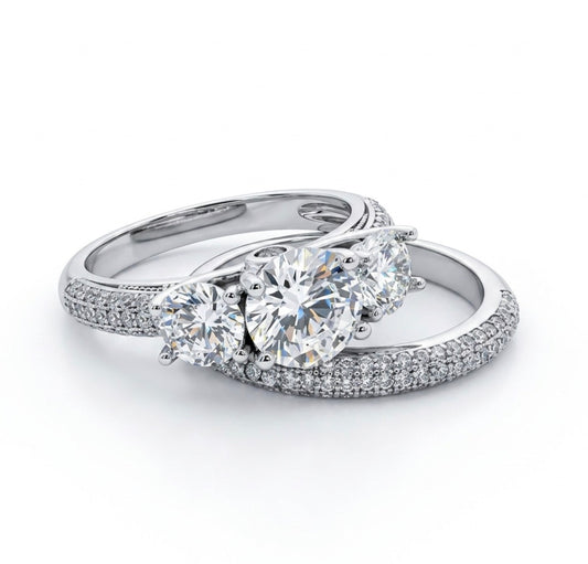 Sterling Silver 3-Stone Wedding  Ring Set