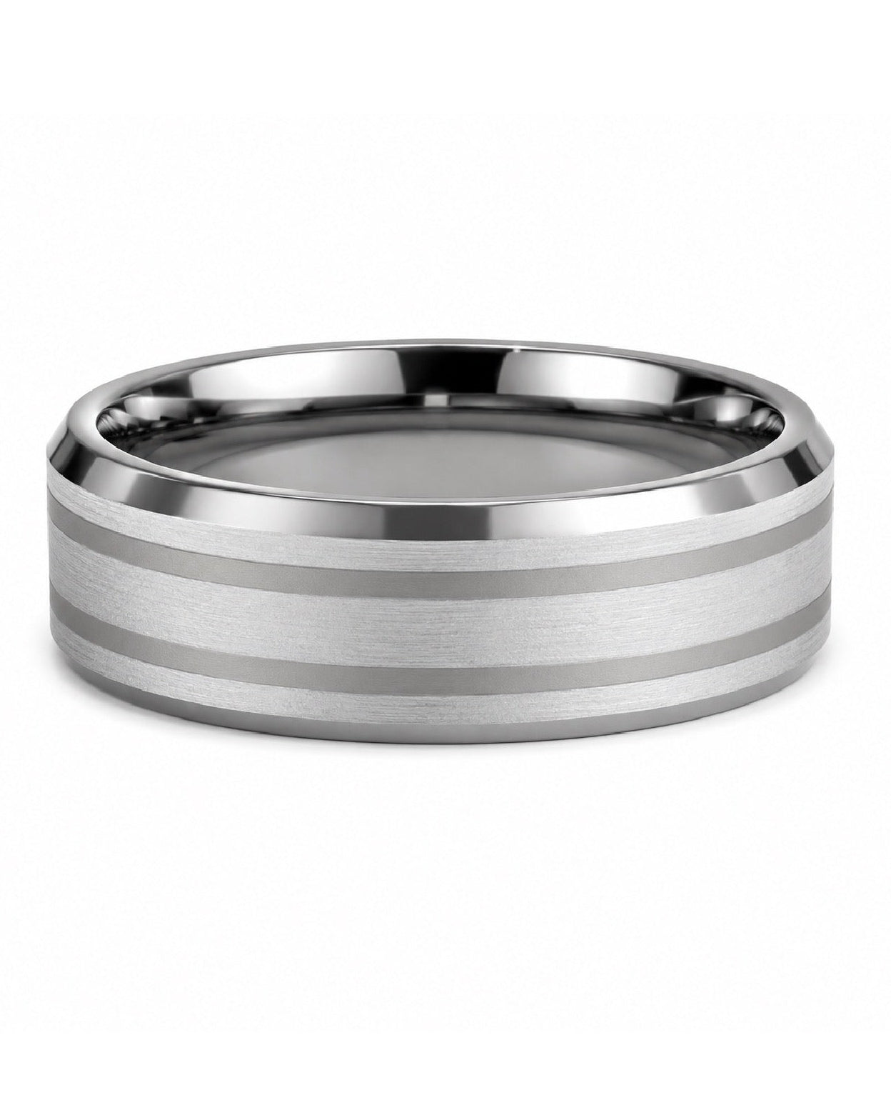 The Meridian: Silver Triple-Brushed Tungsten Band with Dual Polished Grooves