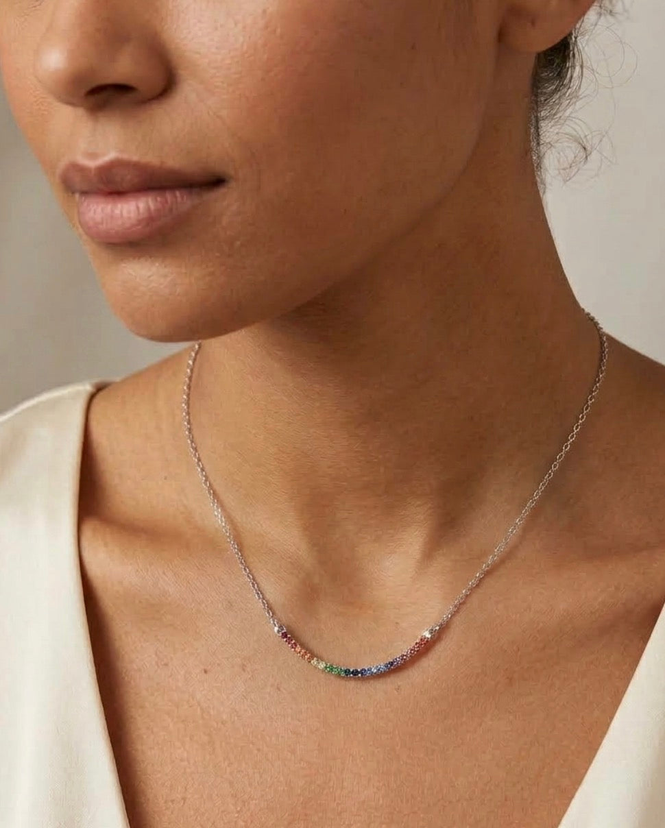 Sterling Silver Rainbow Princess-cut Necklace