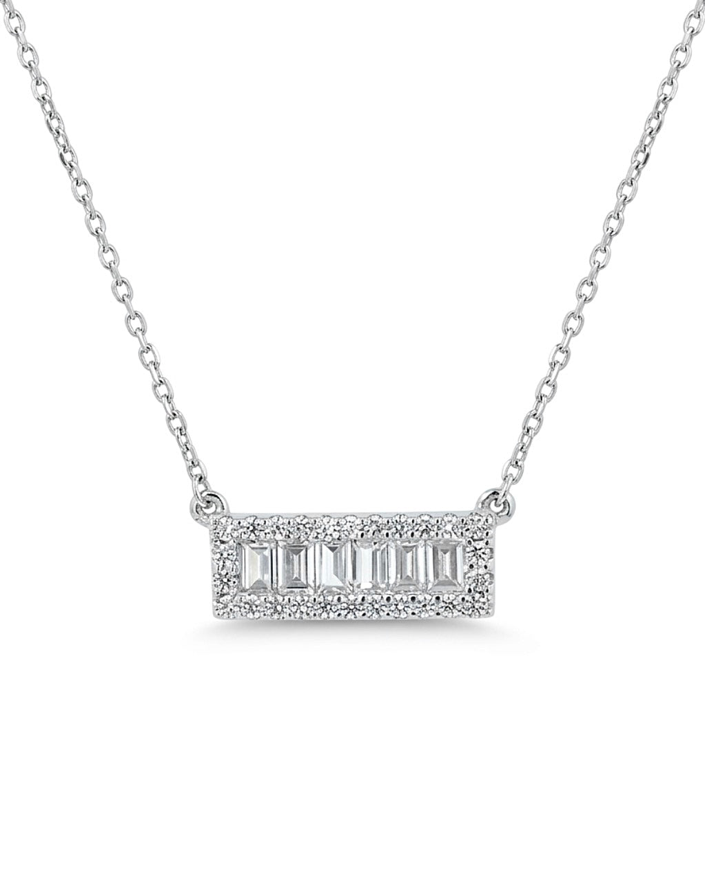 Sterling Silver Baguette Halo Bar  Necklace