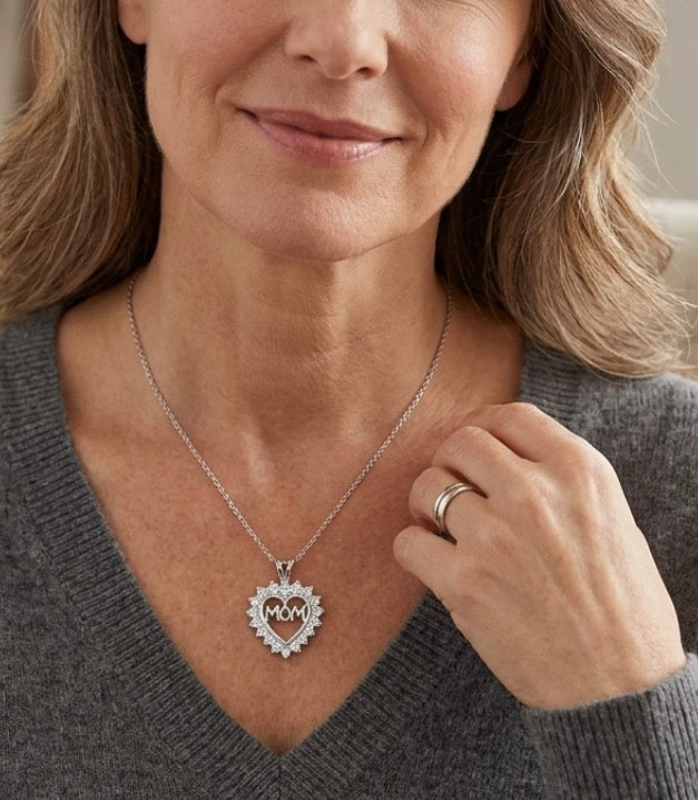 Sterling Silver Cubic Zirconia Open Heart "Mom" Necklace