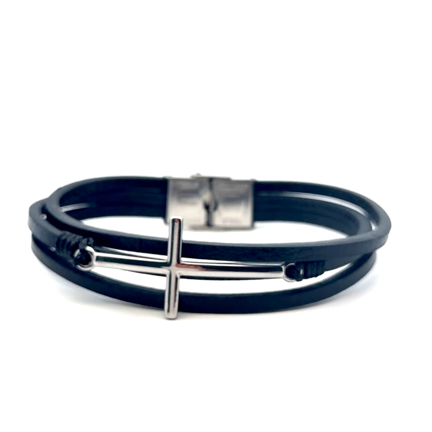 Multi String Leather with stainless Steel sideways cross bracelet