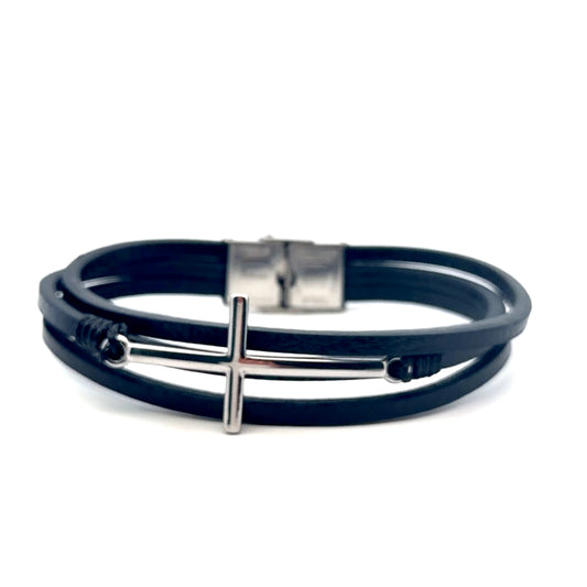 Multi String Leather with stainless Steel sideways cross bracelet