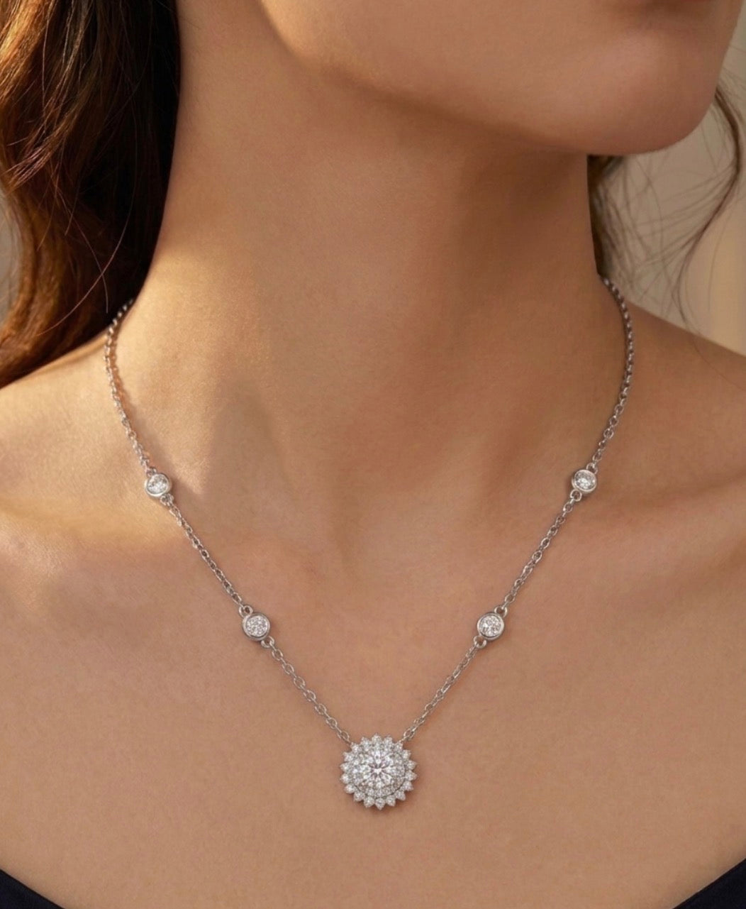 Sterling Silver Sunburst Station Necklace