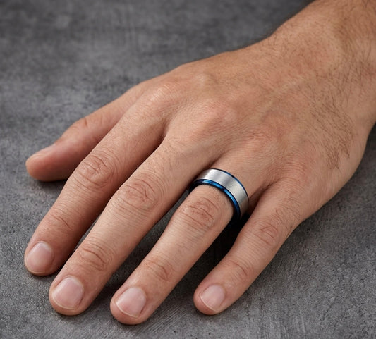 The Ocean Meridian: Silver Brushed Tungsten Band with Sapphire Blue Borders