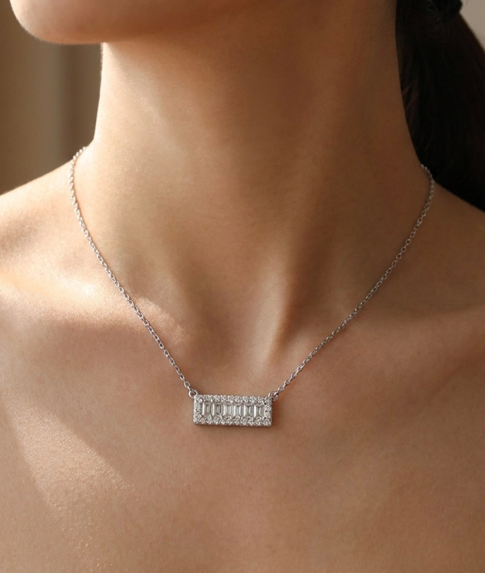 Sterling Silver Baguette Halo Bar  Necklace