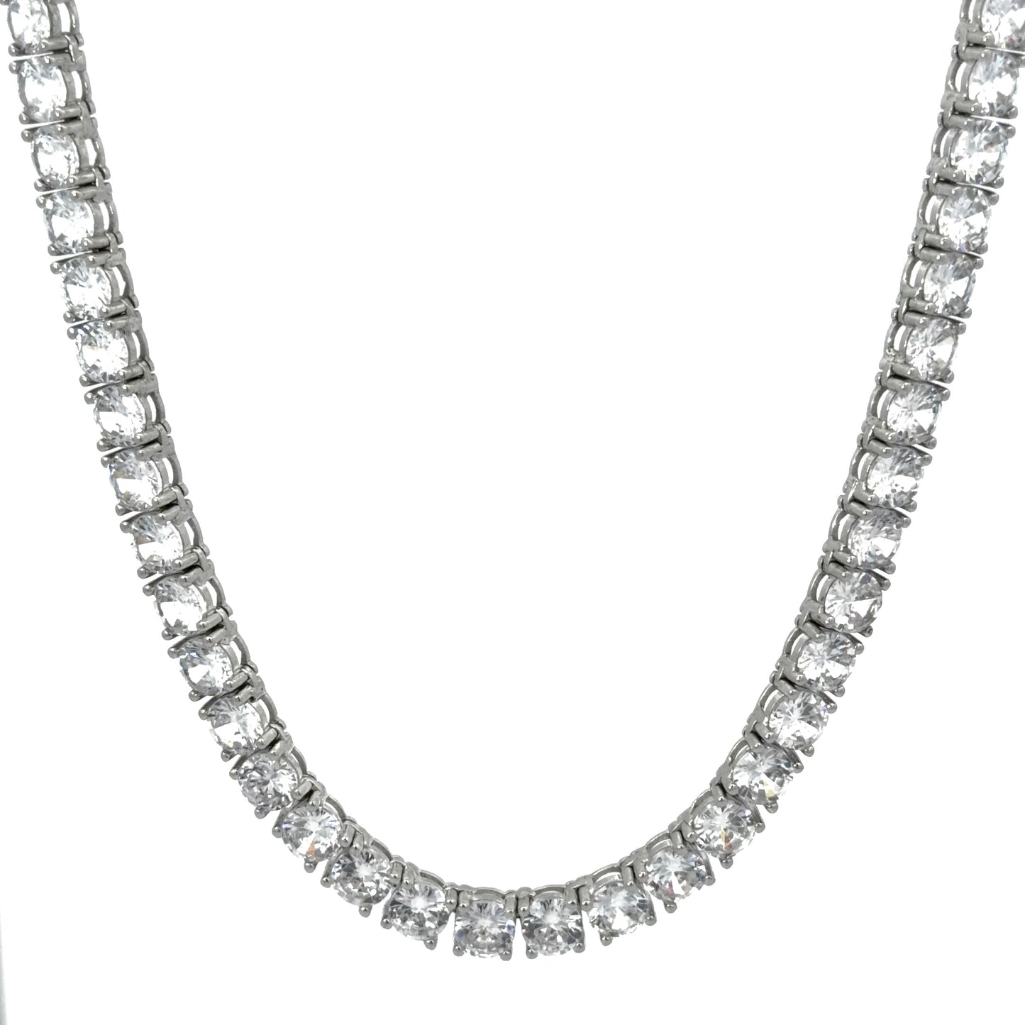 Sterling Silver Tennis Necklace with 5MM Cubic Zirconia Stones, Measuring 18 Inches