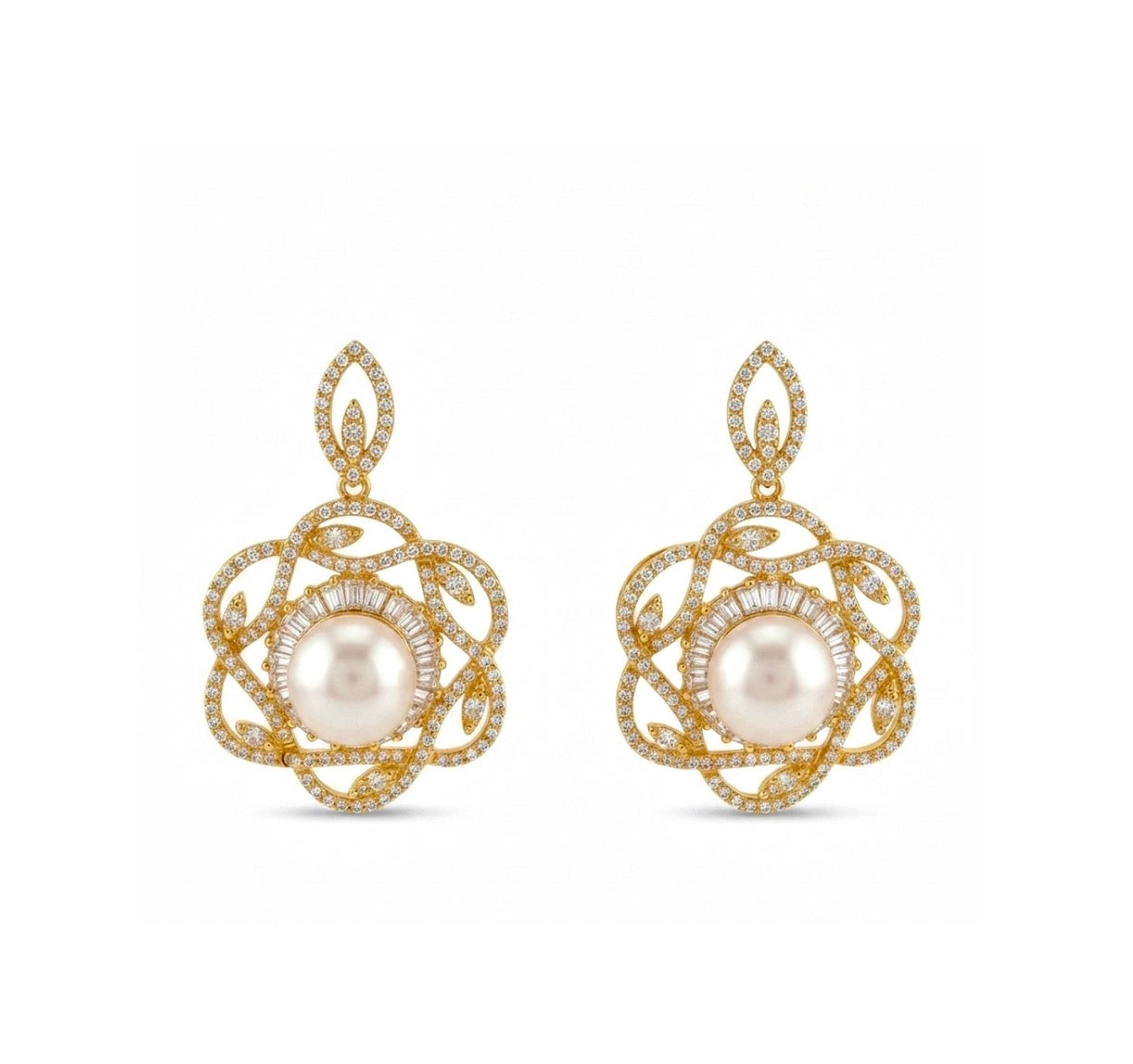 Gold Plated Floral Design Pearl Earrings
