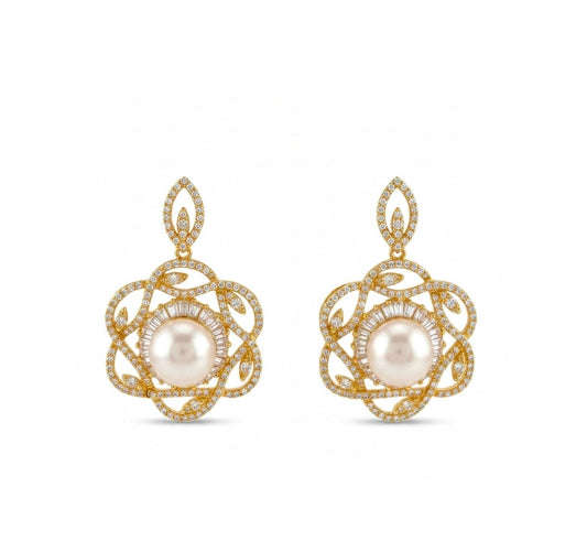 Gold Plated Floral Design Pearl Earrings