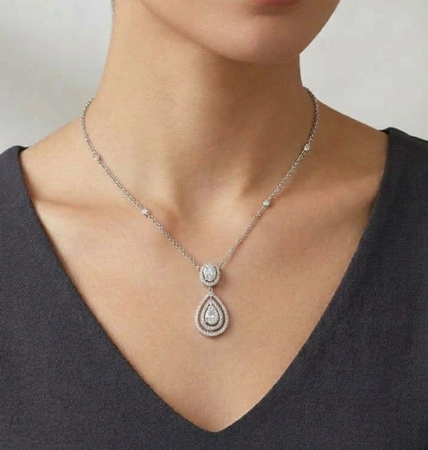 Sterling Silver Teardrop Double Halo Necklace