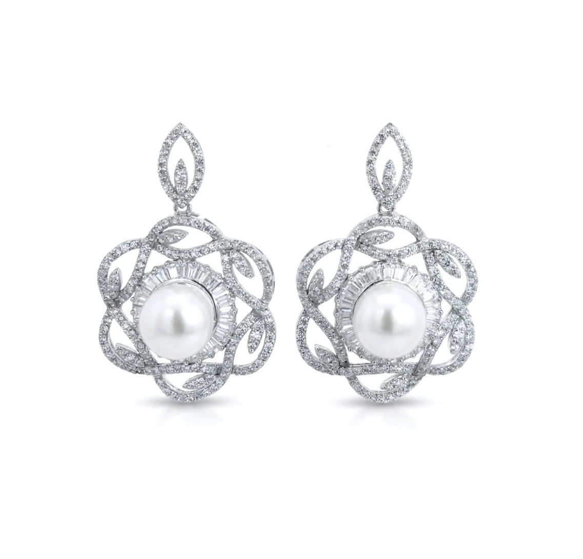 Sterling Silver Floral Design Pearl Earrings