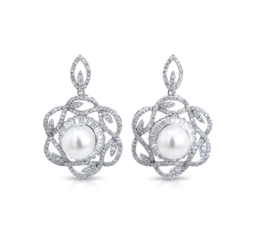 Sterling Silver Floral Design Pearl Earrings