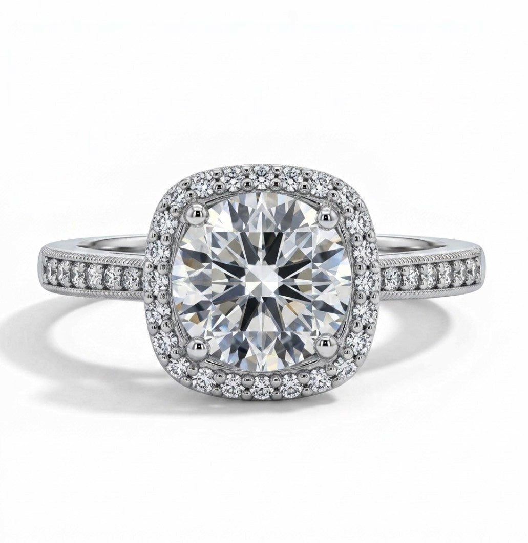 Sterling Silver 4 Prong Brilliant Cut Halo Ring
