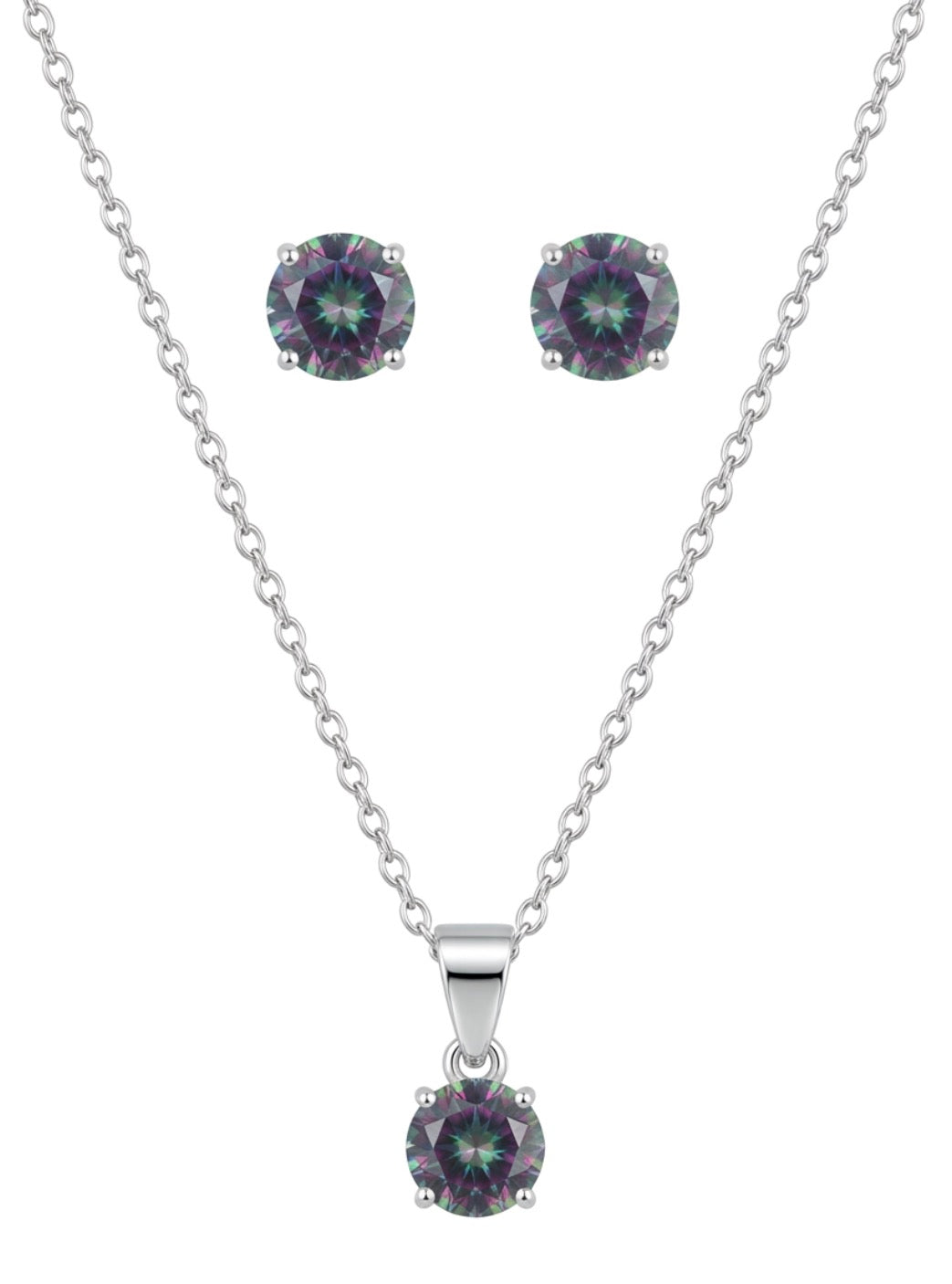 Sterling Silver Solitaire Alexandrite Necklace & Stud Earrings Set