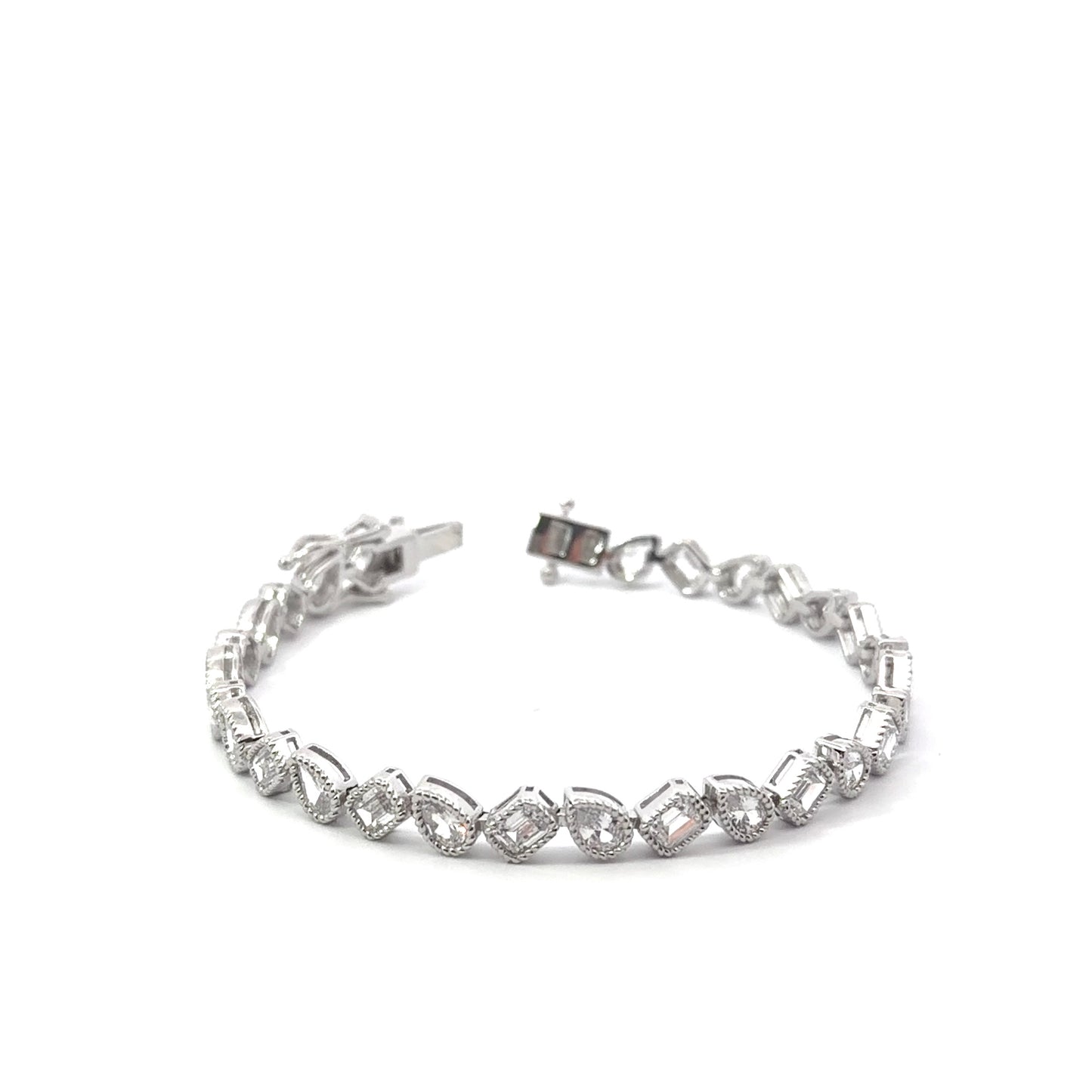 Sterling Silver Filigree Bracelet With Pear Shape & Emerald Cut Cubic Zirconia Stones