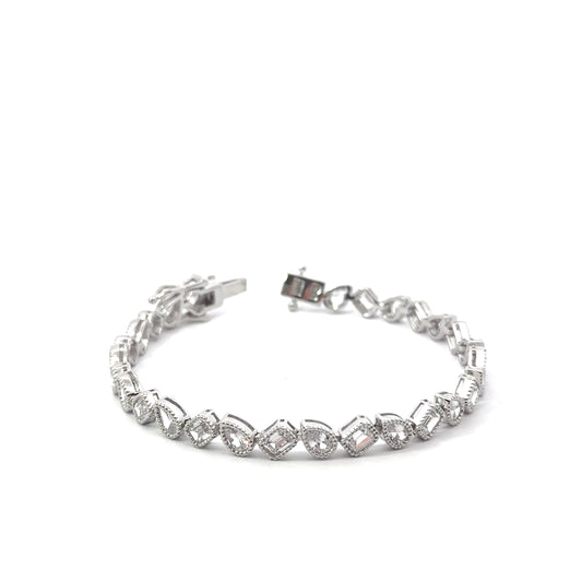 Sterling Silver Filigree Bracelet With Pear Shape & Emerald Cut Cubic Zirconia Stones