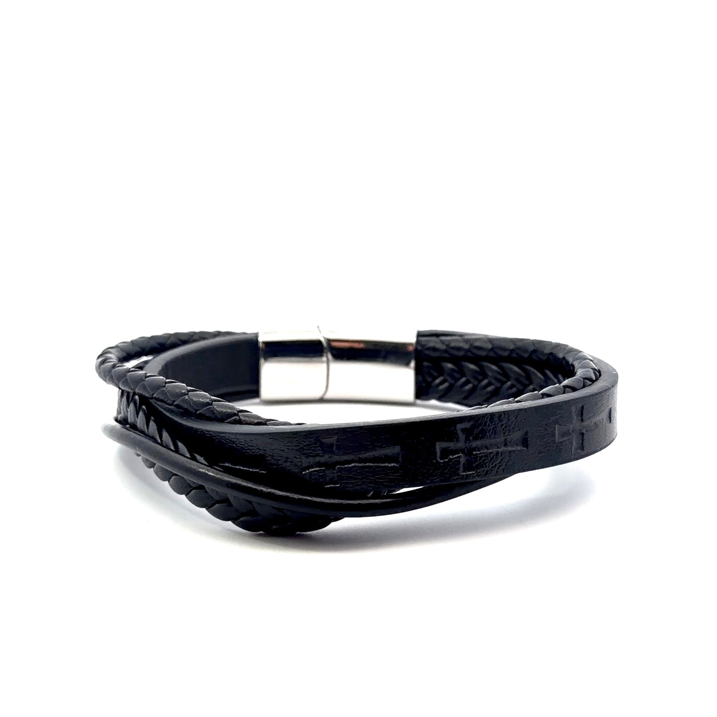Stainless Steel with Leather Cross Men’s Bracelet