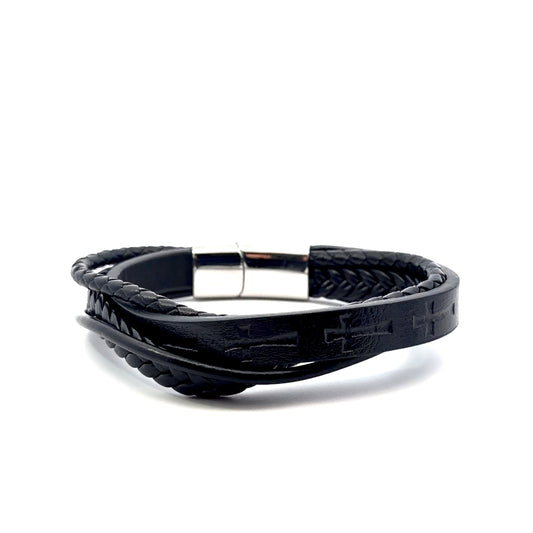 Stainless Steel with Leather Cross Men’s Bracelet