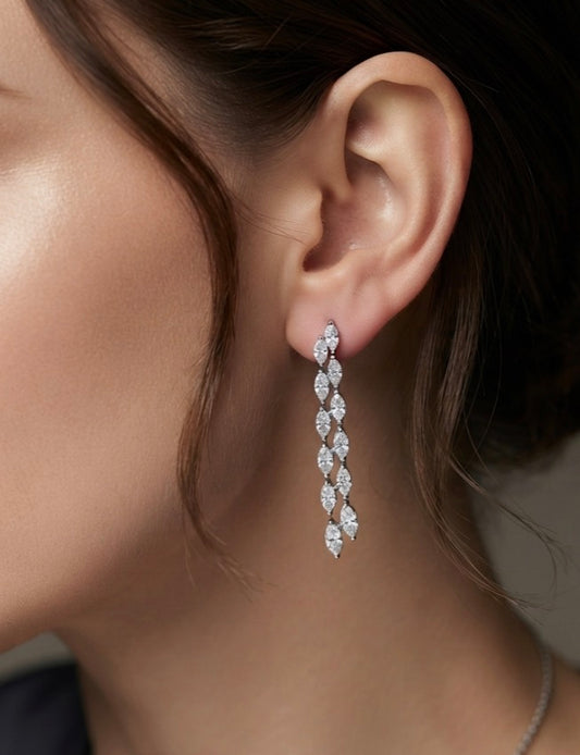 Sterling Silver Double Row Marquise Cut Drop Earrings