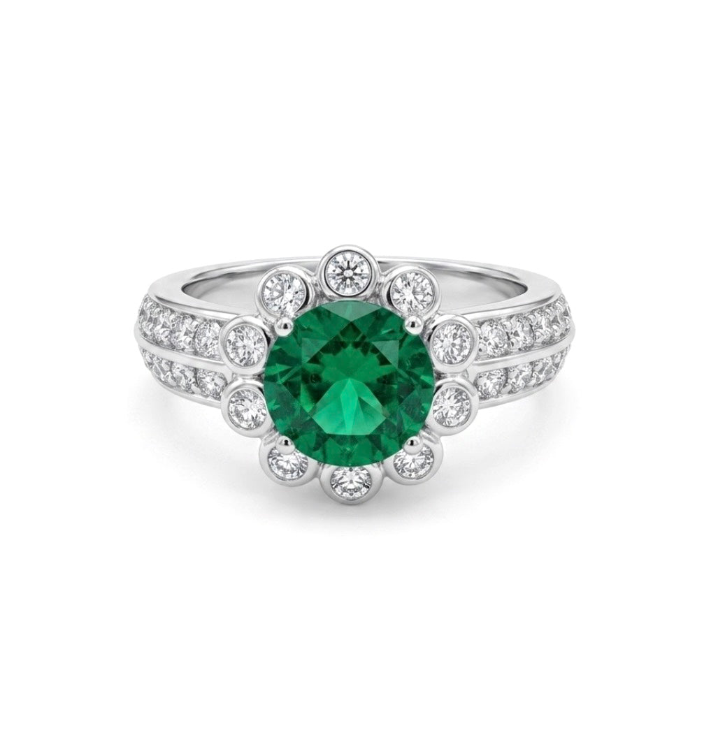 Sterling Silver Round Cut Emerald Inspired Floral Ring