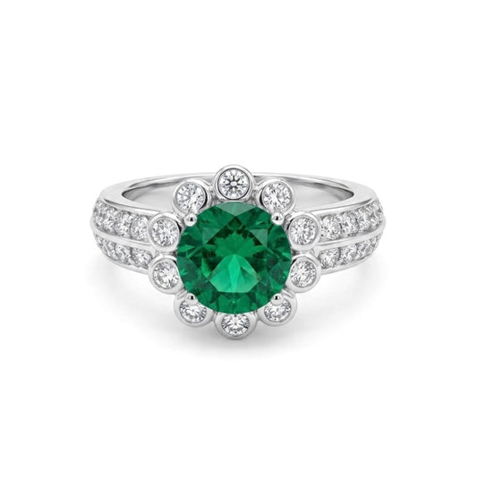 Sterling Silver Round Cut Emerald Inspired Floral Ring