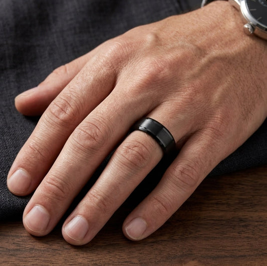 The Eclipse Vanguard: 8mm Brushed Black Tungsten Band with Polished Beveled Edges